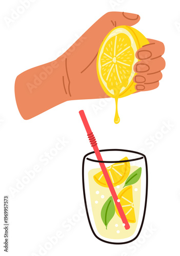 Squeeze half lemon into glass of water. Make healthy drink with citrus juice. Refreshing sour ice cocktail. Summer juicy fruit beverage. Mojito glass with straw and mint. Vector concept