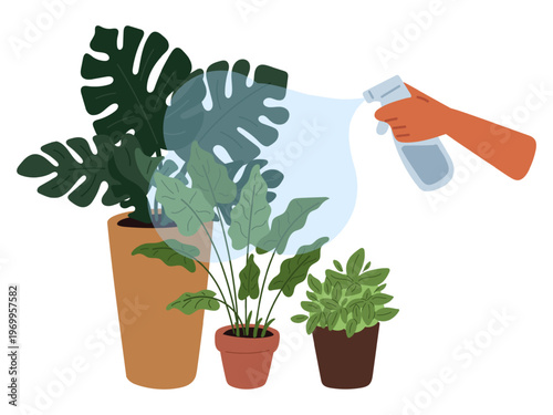 Spray bottle moisturizes leaves of plants and helps you take care of indoor flowers. Houseplant watering. Room monstera irrigation. Hand holding sprayer. Floristic hobby. Vector concept