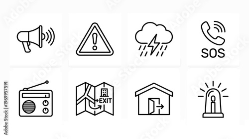 Emergency preparedness icon set with alarm siren, warning sign, weather alert, emergency call, radio, evacuation map, shelter, and signal light, drawn in black-and-white line art, symbolizing crisis r
