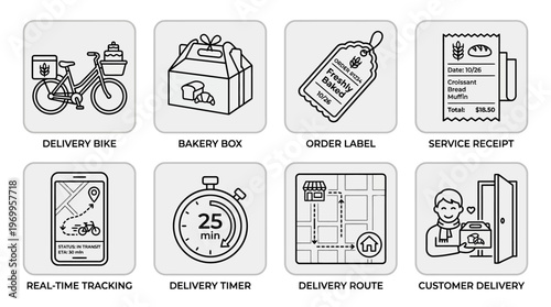 Delivery process icon set with bike, box, label, receipt, tracking, timer, route, and customer, drawn in black-and-white line art, symbolizing shipping, logistics, and package handoff.