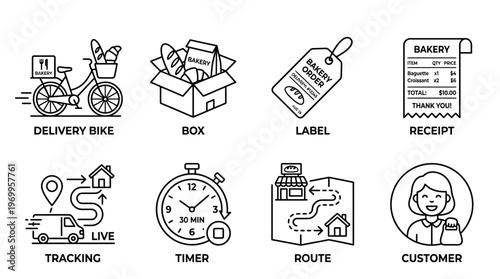 Delivery process icon set with bike, box, label, receipt, tracking, timer, route, and customer, drawn in black-and-white line art, symbolizing shipping, logistics, and package handoff.