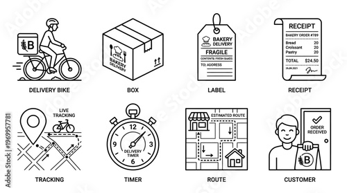 Delivery process icon set with bike, box, label, receipt, tracking, timer, route, and customer, drawn in black-and-white line art, symbolizing shipping, logistics, and package handoff.