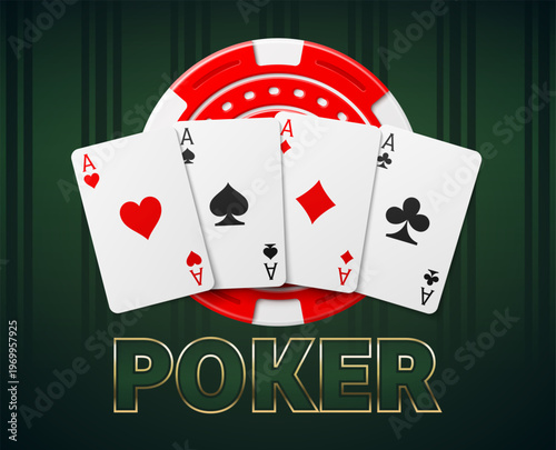 Realistic casino advertising template with poker cards and chips. Betting jackpot tokens. Gaming spade ace. Blackjack winning. Fortune game. Roulette wager coins. Vector gambling banner
