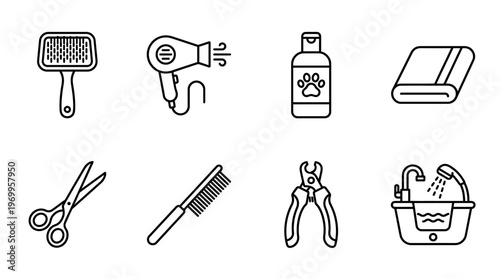 Pet grooming icon set with brush, dryer, shampoo, towels, scissors, comb, nail clippers, and basin, drawn in black-and-white line art, symbolizing hygiene, care, and grooming essentials for animals.