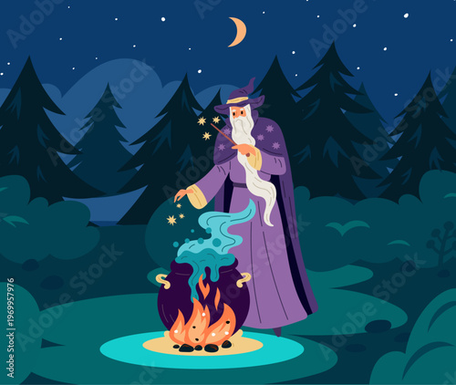 Old wizard prepares magic potion in large cauldron in middle of forest at night. Magical elixir. Fairytale warlock. Cartoon sorcerer. Mystic ritual in dark. Vector witchcraft concept