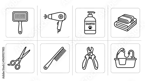 Pet grooming icon set with brush, dryer, shampoo, towels, scissors, comb, nail clippers, and basin, drawn in black-and-white line art, symbolizing hygiene, care, and grooming essentials for animals.