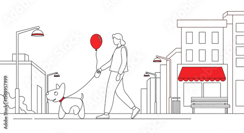 Man walking dog with red balloon.