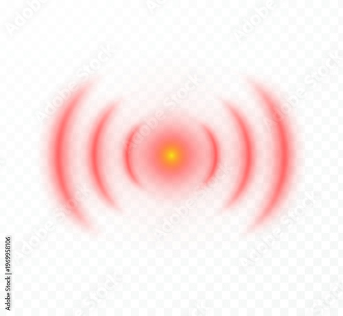 Pain circle red symbol with ripple wave effect isolated on transparent background. Vector localization mark, aching place sign, painkiller target or inflammation point. Medical element design