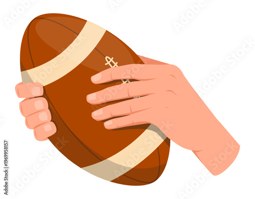 Mens hands holding American football or rugby ball. Sportsman shoot and hit. Sport match. Competitive game. Fingers catch grip. Player pass training. Championship play. Vector concept