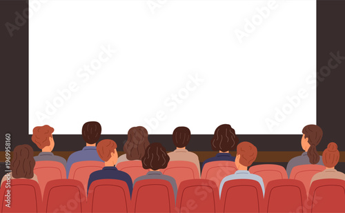 Men and women sitting in movie theater with blank screen. Cinema audience. Auditorium seats back view. Performance hall. Concert armchairs. People watch film. Vector theatre spectators