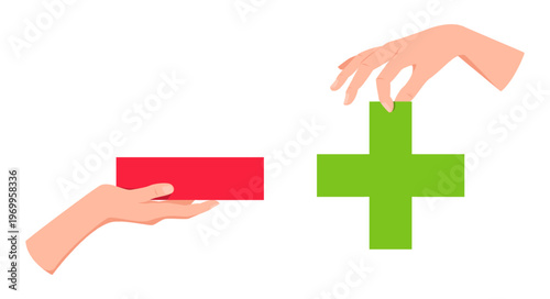 Hands holding plus and minus signs. Pros and cons. Positive and negative arguments. Rejection and permission. Math calculation. Choice checkmark. Mathematical symbols vector concept