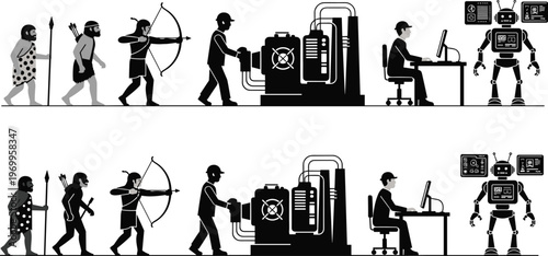 Black silhouette illustration showing human evolution from primitive hunter with spear to modern worker and humanoid robot, symbolizing technology progress and automation