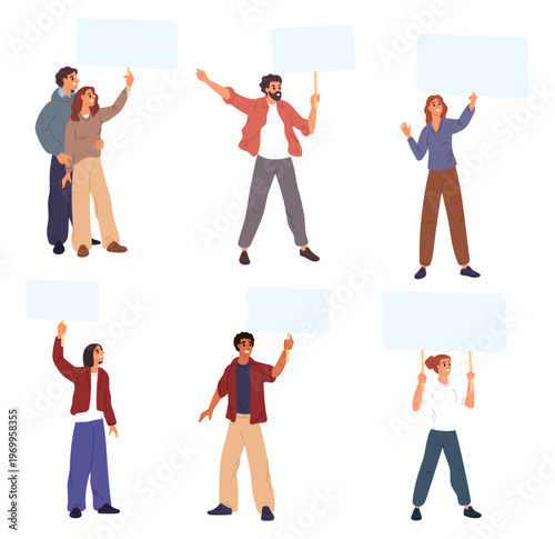 Group of young men and women holding posters. Advertising and announce banners. People showing boards. Activists standing with info placards. Demonstration messages. Protesters vector set
