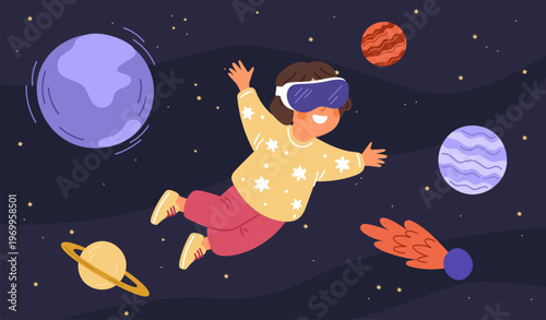 Girl wearing virtual reality glasses flies through space among planets. Stars and comets. People using technology for learning and entertainment. VR interactive simulator. Vector concept