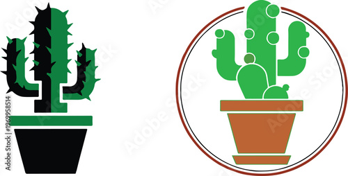 Two cactus illustrations a minimalist botanical design featuring potted desert plants in a circular frame