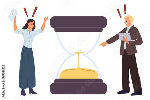 Frustrated man and woman watch sand running out in hourglass. Project deadline being missed. Inability to manage time. Minutes countdown. Agenda limit. Sandglass timer. Vector concept