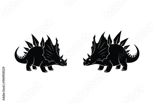 Two Silhouettes Of Prehistoric Dinosaurs With Spikes On Backs And Tails, Walking On All Fours, Black And White Illustration, Ancient Creatures, Jurassic Era, Paleontology