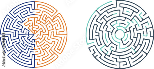 Intricate circular labyrinths a pair of complex puzzles with contrasting color schemes