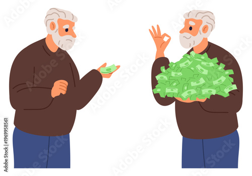 Cheerful, wealthy elderly man pensioner holding lot of money in his hands. Poor old man without cash banknotes. Payment for retired people. Happy and sad grandparent. Vector concept