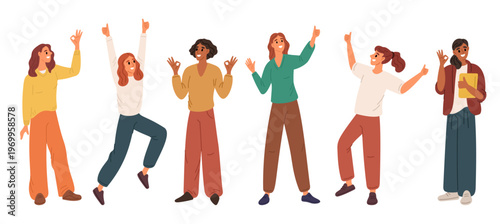 Cheerful young women give thumbs up and everythings ok gesture. Emotion expression. Fun and happiness. Excited female jumping and showing smiles. Satisfied people. Vector joyful girls set