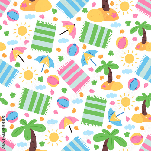 Cartoon beach accessories seamless pattern. Sea travel. Inflatable ball. Towel mat on coast sand. Sunbathing parasol. Seashells and summer sun. Seashore palm trees. Vector background