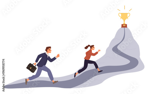 Business man and woman run toward summit with trophy cup. People striving to their goal. Overcoming obstacles. Challenge reward. Colleagues rivalry. Businessmen running. Vector concept