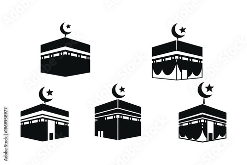 Silhouettes of the Kaaba in Mecca with crescent moon and star symbols, representing Islamic culture and religion.