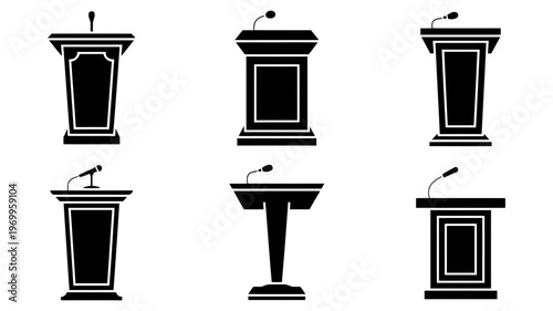 A comprehensive collection of six distinct black silhouette podium designs, each with unique architectural details.