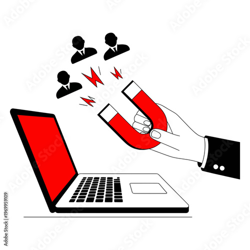 A dynamic illustration showing a hand with a red magnet actively attracting multiple user icons towards a laptop.
