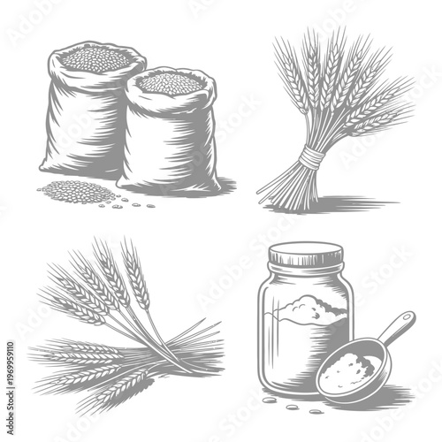 A comprehensive monochrome sketch illustration displaying various wheat products including sacks of grain, wheat bundles, and flour.