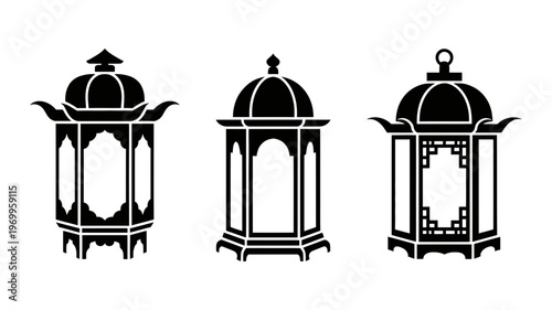 A trio of beautifully ornate black silhouette lanterns, featuring intricate designs and decorative elements.