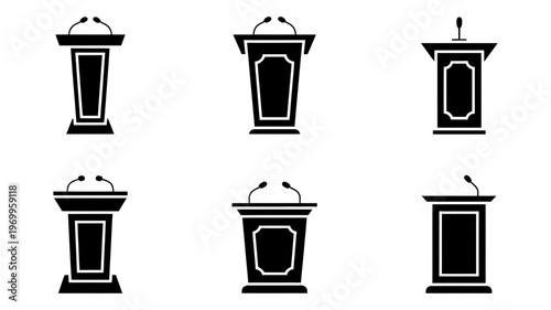 A diverse set of six black silhouette podiums, some equipped with microphones, perfect for public speaking events.
