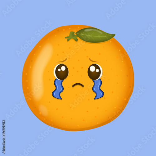 Crying mandarin character with tears. Cute kawaii orange fruit emoji vector illustration