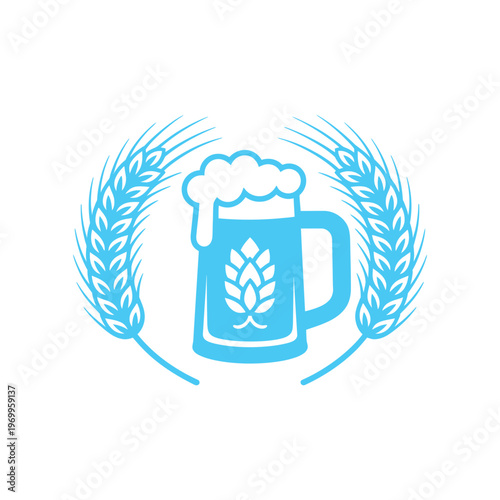 A vibrant blue icon featuring a frothy beer mug with a hop design, encircled by two stalks of wheat.