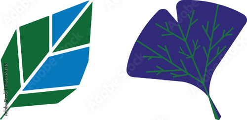 Stylized leaf illustrations a vibrant duo of green and blue botanical art with delicate veining