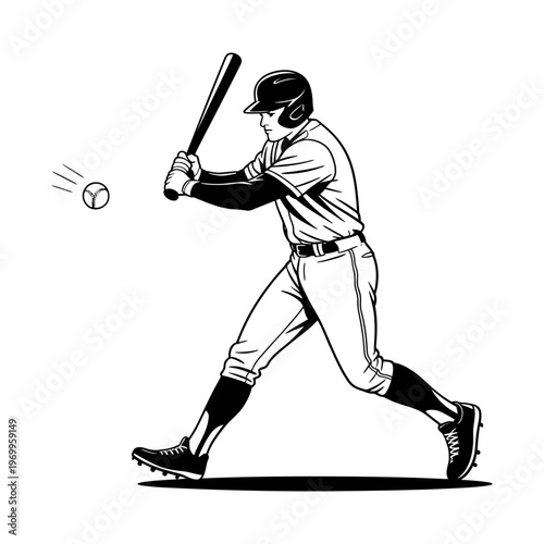A baseball player is actively swinging a bat at a fast-moving ball during a game.