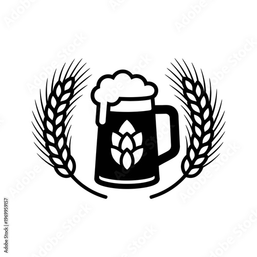 A classic frothy beer mug with a hop cone icon is framed by elegant wheat ears.