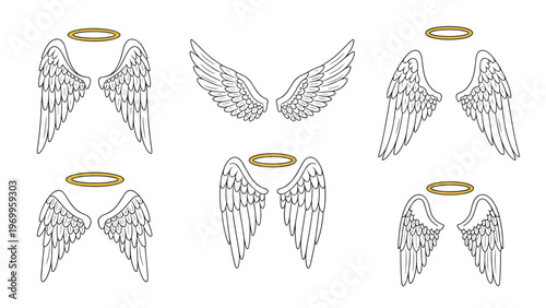 Collection of elegant white angel wings are shown in various styles with golden halos floating above several of the pairs.