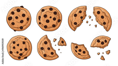 Assortment of delicious chocolate chip cookies is presented as whole, broken, and half-eaten pieces with scattered crumbs.