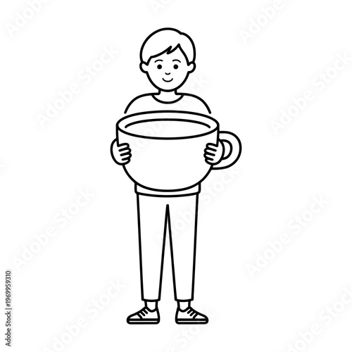 A smiling man cheerfully holding a large, comically oversized cup of coffee directly in front of him.