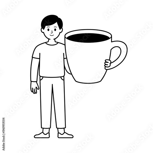 A cheerful man casually holding an oversized cup of hot black coffee on his right side.