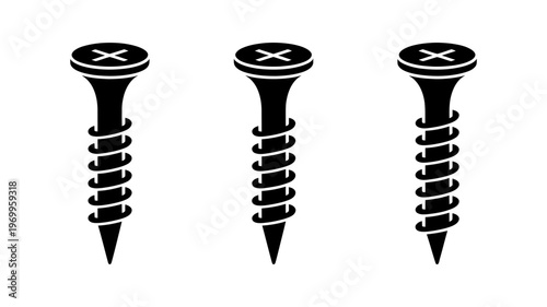 A clear row of three black silhouette screws with pointed tips and coiled threads.