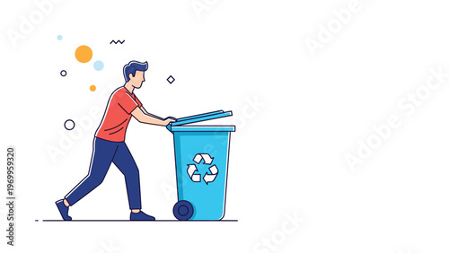 Man in a red t-shirt pushes a large blue recycling bin with a white symbol, promoting environmental waste management.