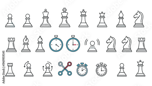Collection of simple icons related to chess includes various pieces, game clocks, and tournament bracket symbols.