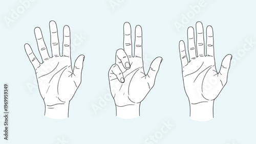 Three detailed line drawings of human hands show various positions and palm lines on a light blue gradient background.