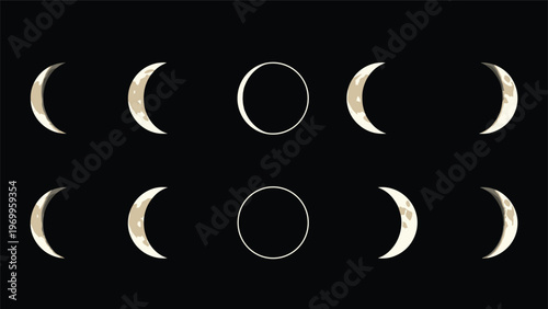 Different phases of the moon are shown in two rows against a stark black background, ranging from crescent to full moon.