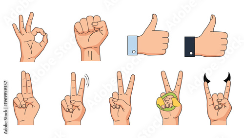 Assortment of human hand gestures like thumbs up, peace sign, and okay symbol is presented on a plain white background.