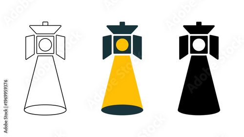 A cohesive set of three show spotlights, presented as outline, colored, and black silhouette designs.