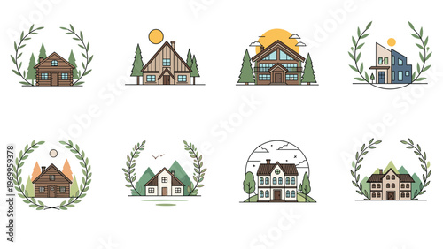 Set of residential house icons includes various architectural styles like log cabins and modern villas with greenery.