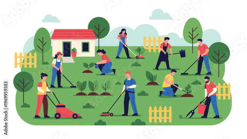 Diverse group of people work together in a large garden, performing tasks like mowing, planting, and watering greenery.